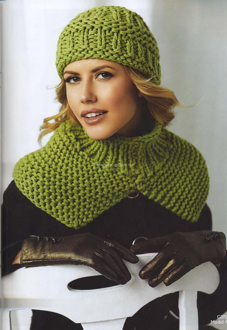 Зелена в'язана шапка з шарфом