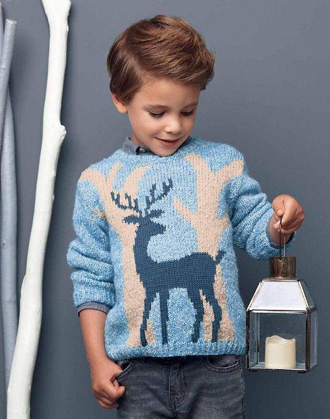 Пуловер спицями для хлопчика з оленем