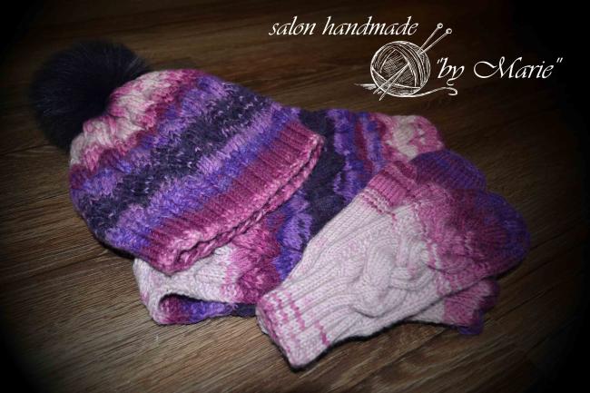 В'язаний комплект з шапки, рукавиць і снуд - "бузок"